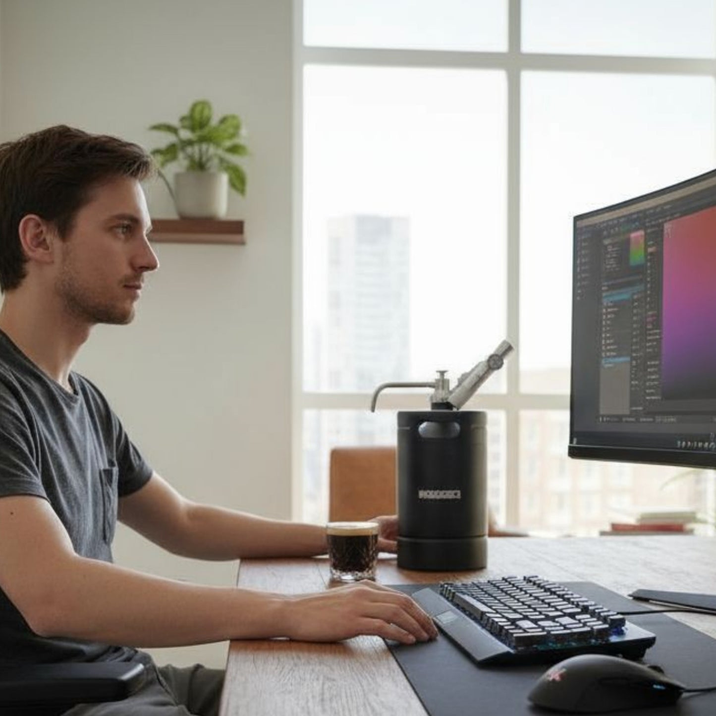 Man working at a desk with a computer and nitro coffee from an ikegger mini keg, in a bright room with large windows.