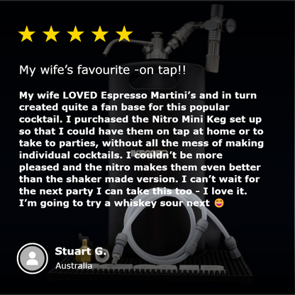 iKegger mini keg review "I purchased so I could have them on tap, without all the mess of making individual cocktails. I couldn't be more pleased, and the nitro makes them even better than the shaker made versions" Stuart G.